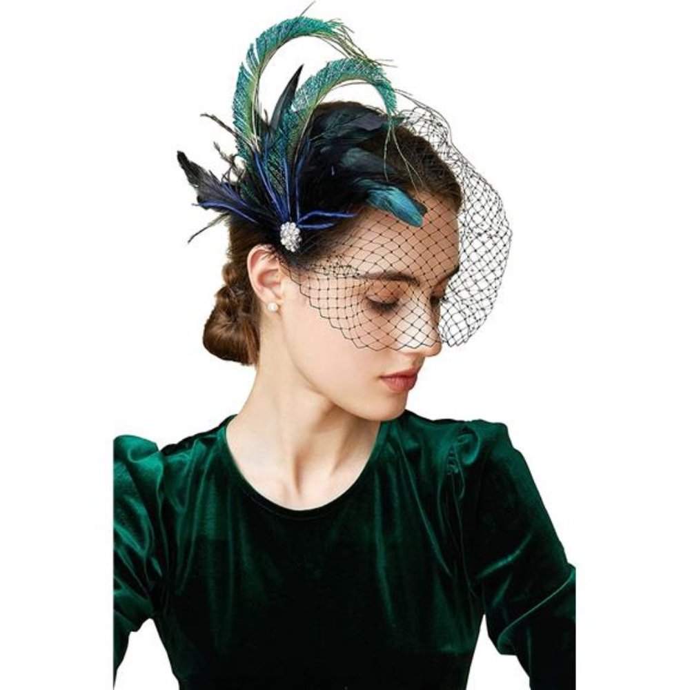 Veil Fascinator Hat for Women, peacock